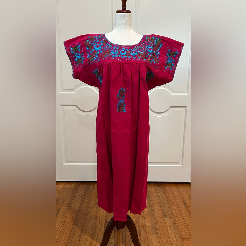 Sandra Midi Dress, Oaxaca Mexican dress. hand Embroidered. Silk Threads.